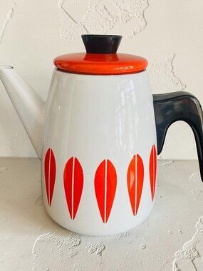 Cathrineholm Lotus White and Orange Coffee Pot Enamelware, Grete Prytz Design